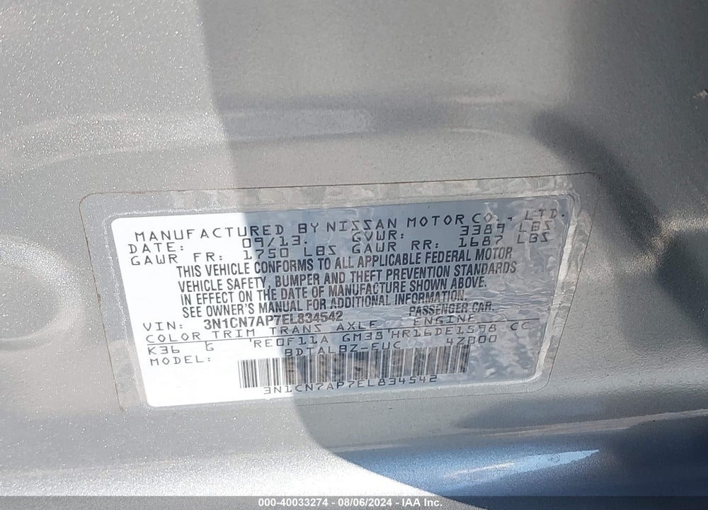 2014 NISSAN VERSA 1.6 SV VIN: 3N1CN7AP7EL834542