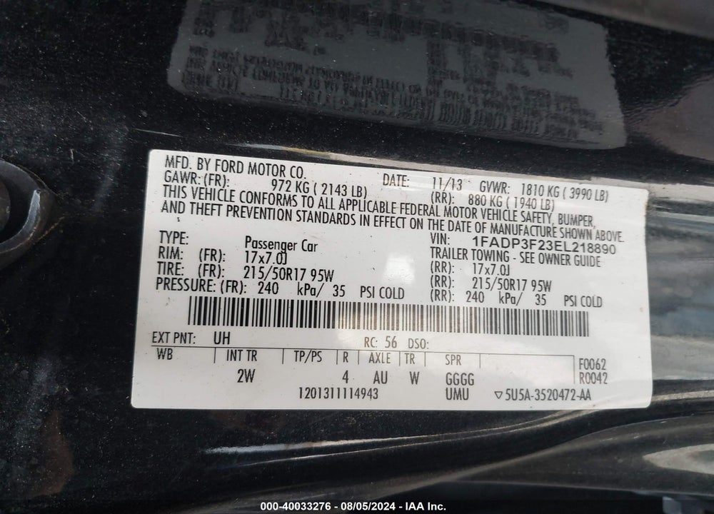 2014 FORD FOCUS SE VIN: 1FADP3F23EL218890
