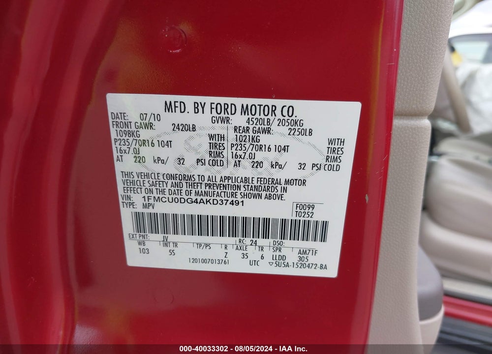 2010 FORD ESCAPE XLT VIN: 1FMCU0DG4AKD37491