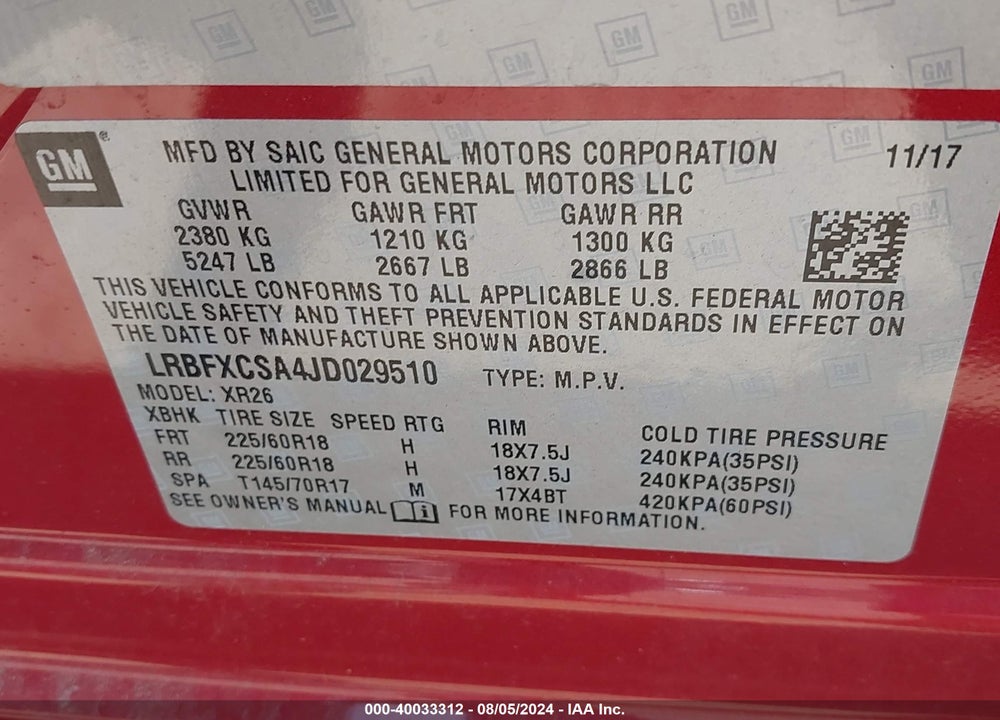 2018 BUICK ENVISION PREFERRED VIN: LRBFXCSA4JD029510