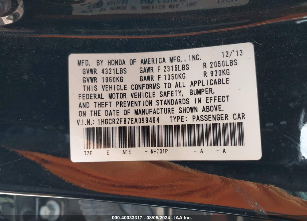 2014 HONDA ACCORD EX-L VIN: 1HGCR2F87EA099494