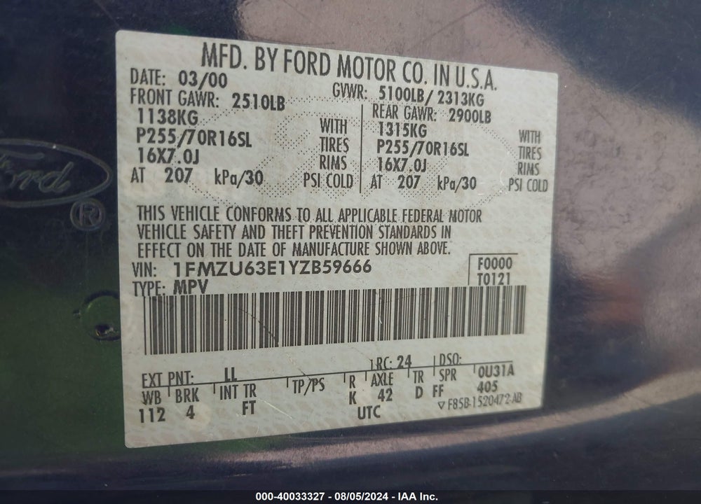 2000 FORD EXPLORER XLT VIN: 1FMZU63E1YZB59666
