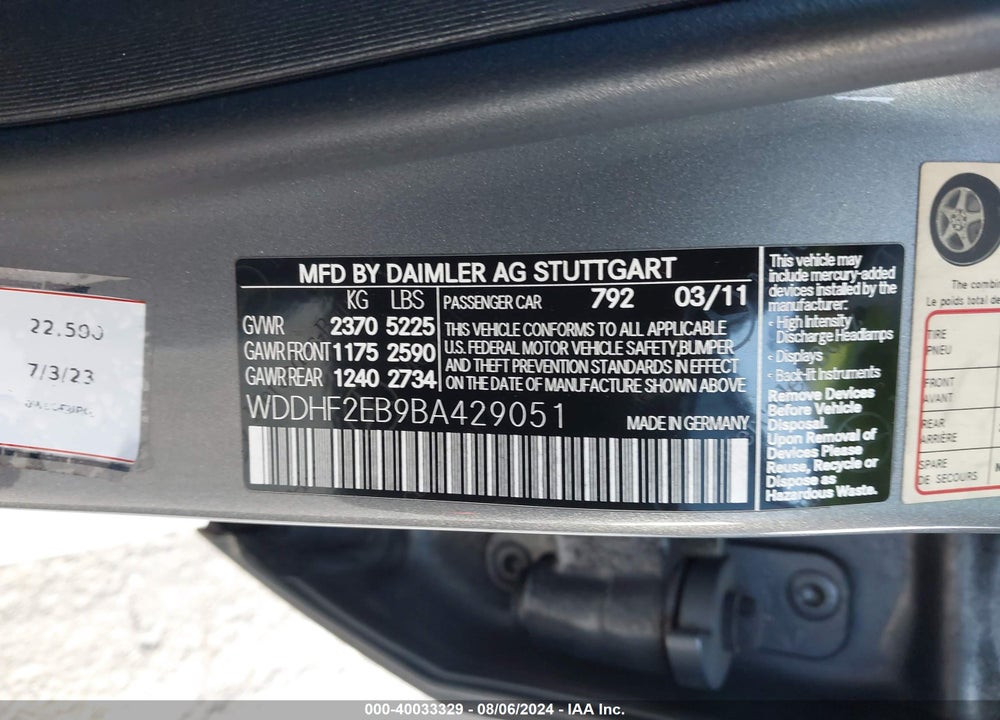 2011 MERCEDES-BENZ E 350 BLUETEC VIN: WDDHF2EB9BA429051