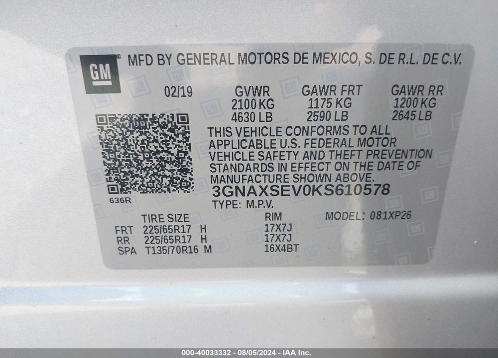 2019 CHEVROLET EQUINOX LS VIN: 3GNAXSEVOKS610578