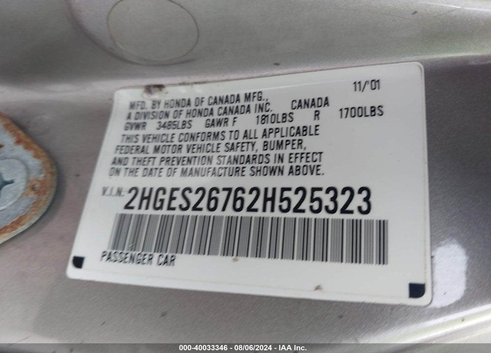 2002 HONDA CIVIC EX VIN: 2HGES26762H525323