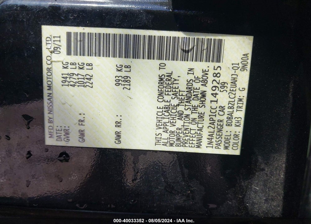 2012 NISSAN ALTIMA 2.5 S VIN: 1N4AL2AP1CC149285