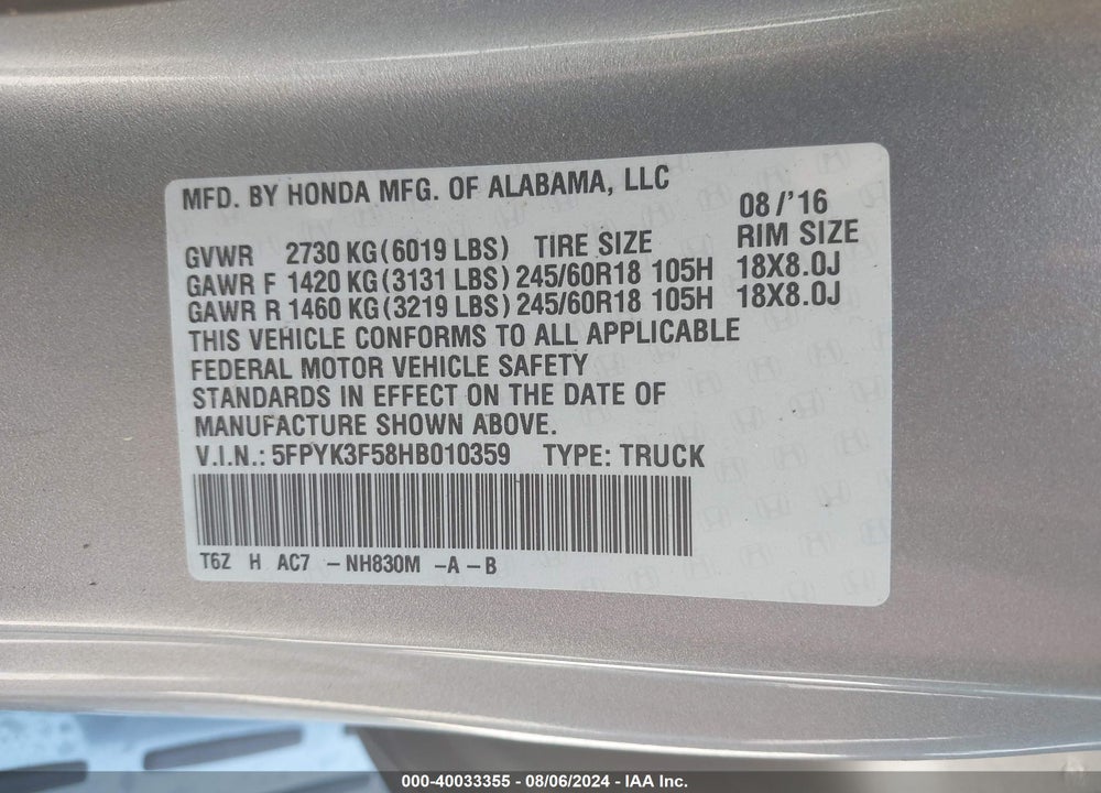 2017 HONDA RIDGELINE RTL VIN: 5FPYK3F58HB010359