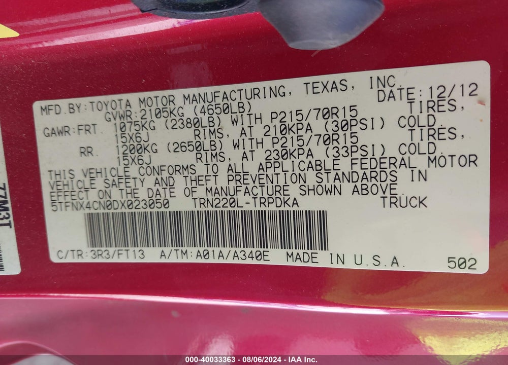 2013 TOYOTA TACOMA VIN: 5TFNX4CN0DX023050