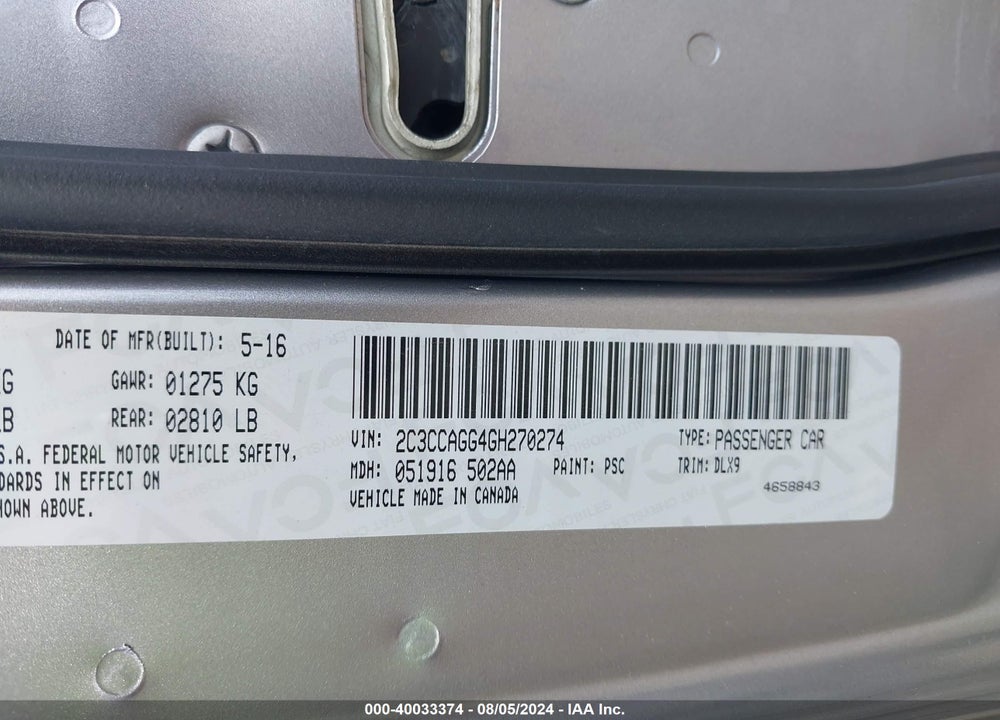2016 CHRYSLER 300 VIN: 2C3CCAGG4GH270274