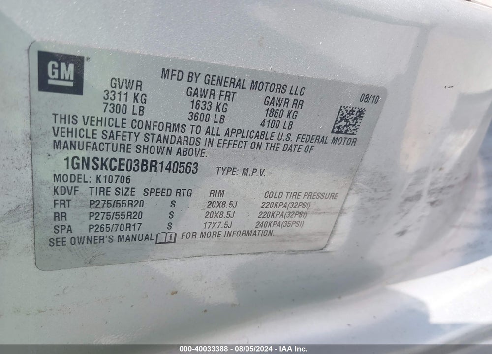 2011 CHEVROLET TAHOE LTZ VIN: 1GNSKCE03BR140563