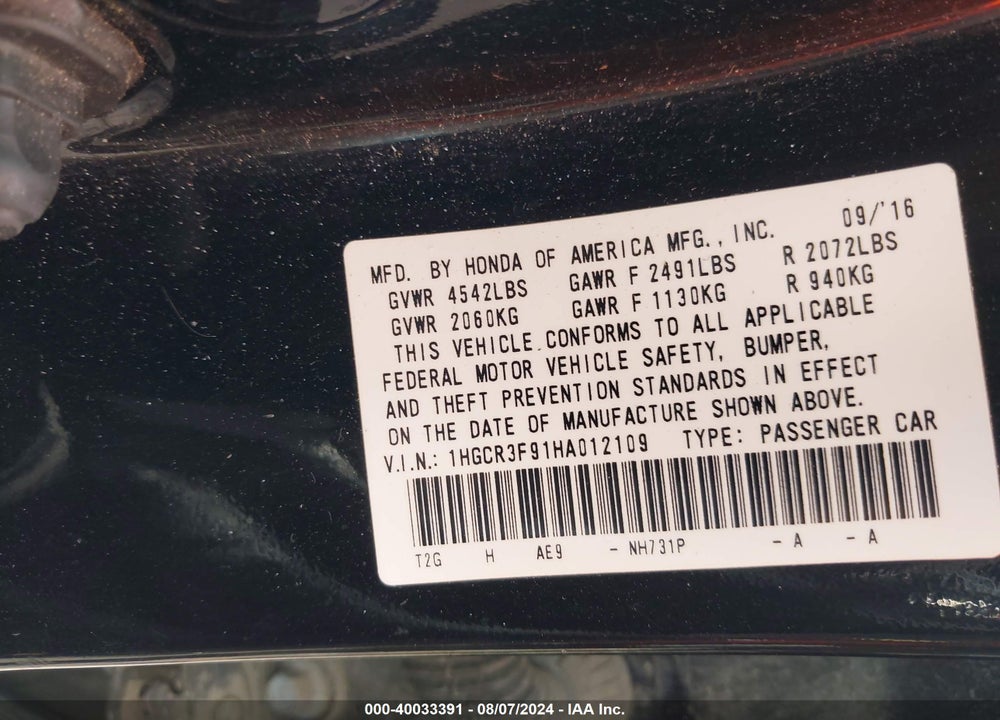 2017 HONDA ACCORD TOURING V6 VIN: 1HGCR3F91HA012109