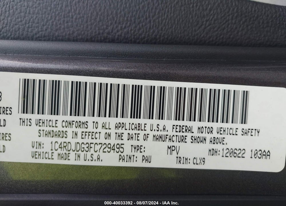 2015 DODGE DURANGO LIMITED VIN: 1C4RDJDG3FC729495