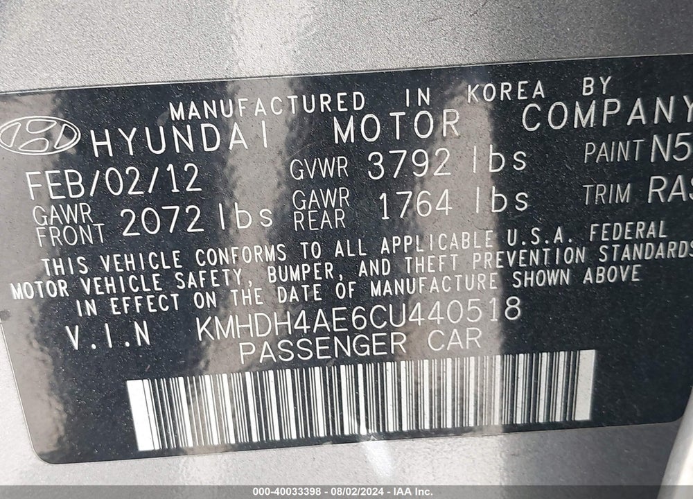 2012 HYUNDAI ELANTRA GLS (ULSAN PLANT) VIN: KMHDH4AE6CU440518