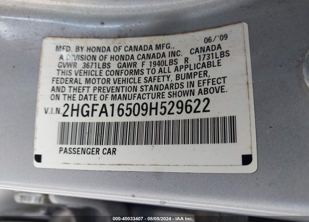 2009 HONDA CIVIC LX VIN: 2HGFA16509H529622
