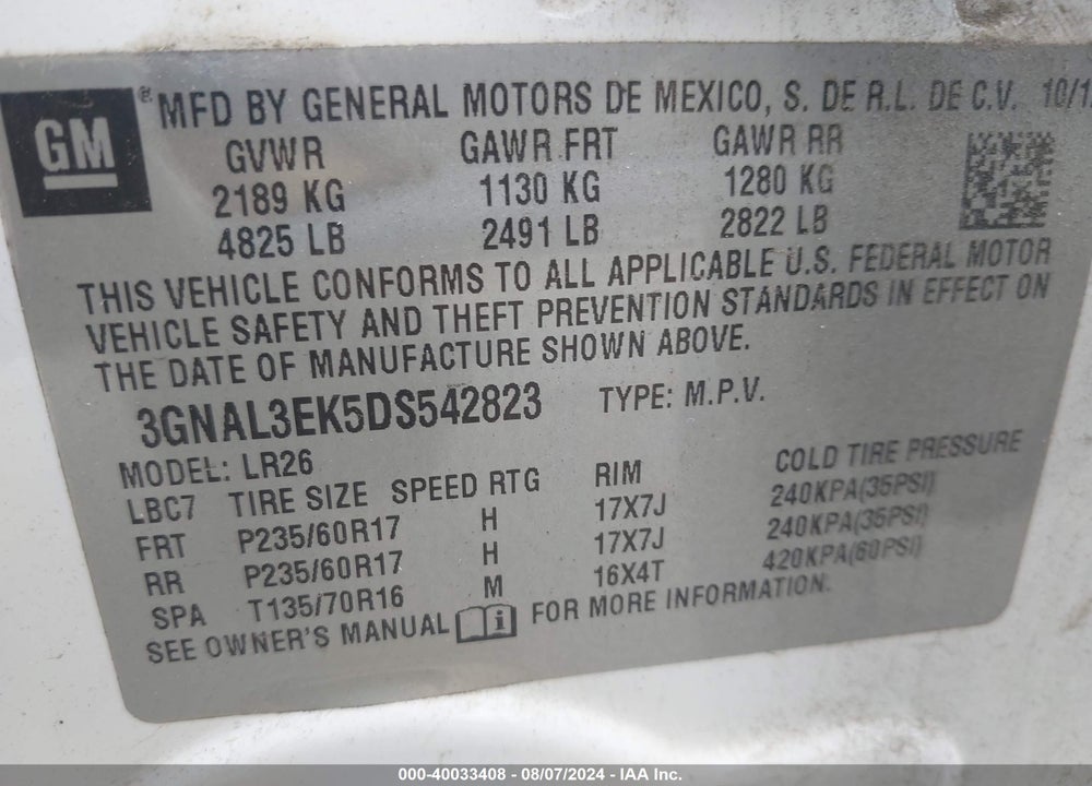 2013 CHEVROLET CAPTIVA SPORT LT VIN: 3GNAL3EK5DS542823