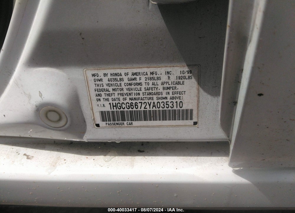 2000 HONDA ACCORD 2.3 EX VIN: 1HGCG6672YA035310