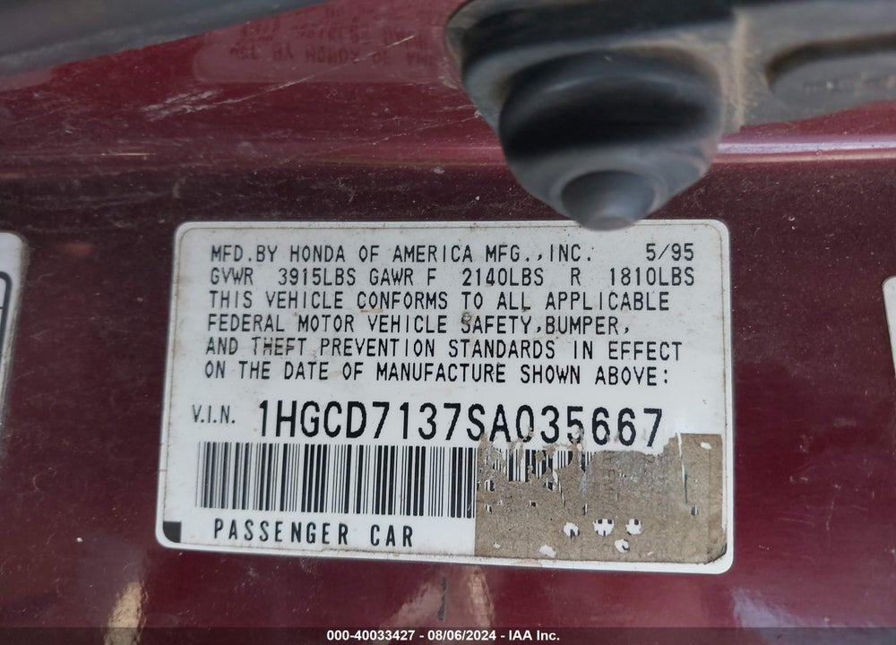 1995 HONDA ACCORD VIN: 1HGCD7137SA035667