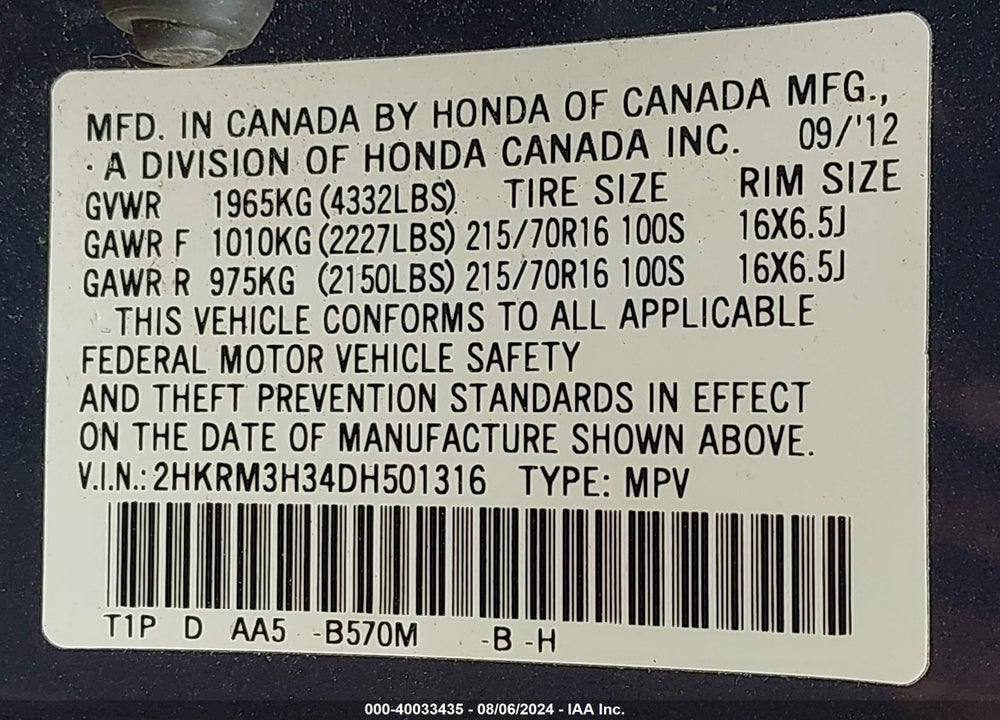 2013 HONDA CR-V LX VIN: 2HKRM3H34DH501316