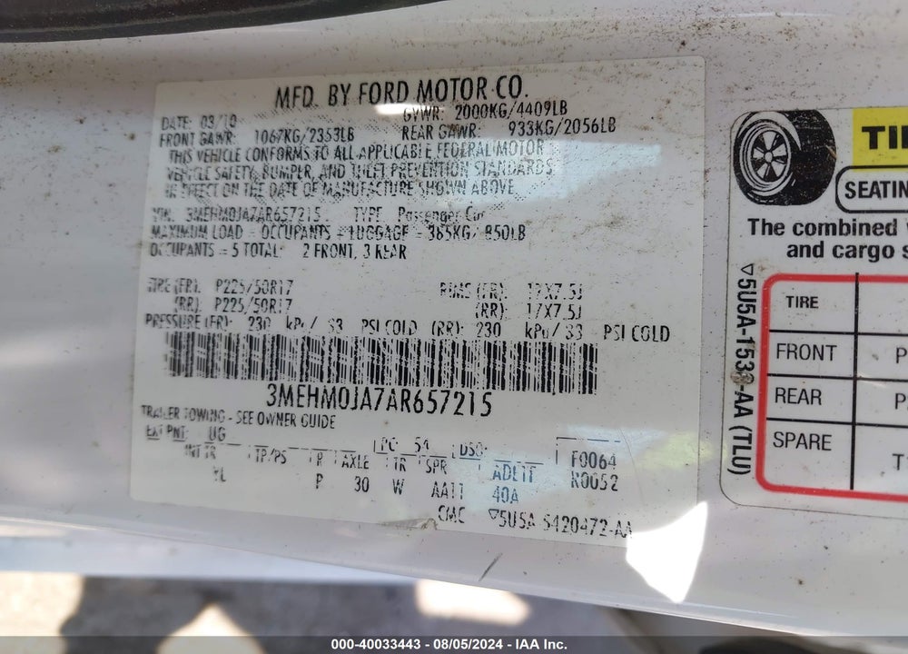 2010 MERCURY MILAN PREMIER VIN: 3MEHM0JA7AR657215