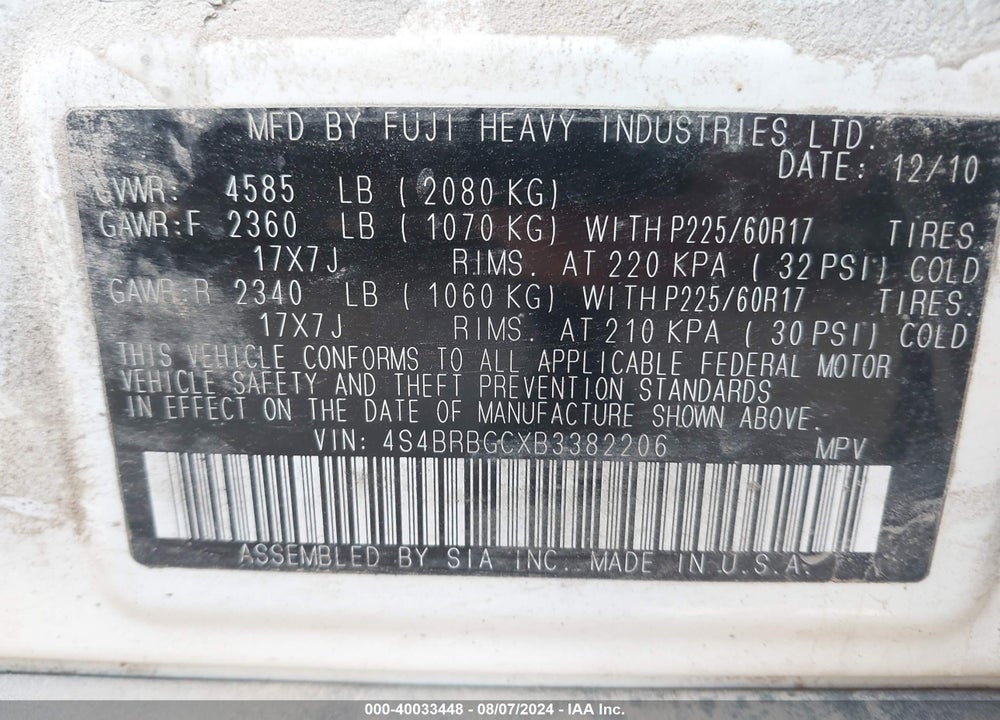 2011 SUBARU OUTBACK 2.5I PREMIUM VIN: 4S4BRBGCXB3382206