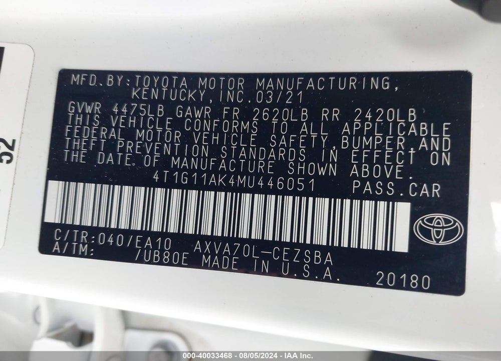 2021 TOYOTA CAMRY VIN: 4T1G11AK4MU446051