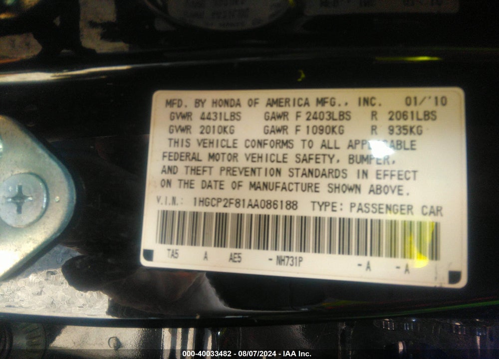 2010 HONDA ACCORD SDN 2.4 EX-L/EX-L VIN: 1HGCP2F81AA086188
