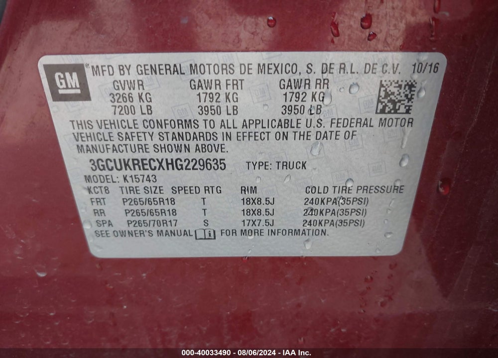 2017 CHEVROLET SILVERADO 1500 2LT VIN: 3GCUKRECXHG229635