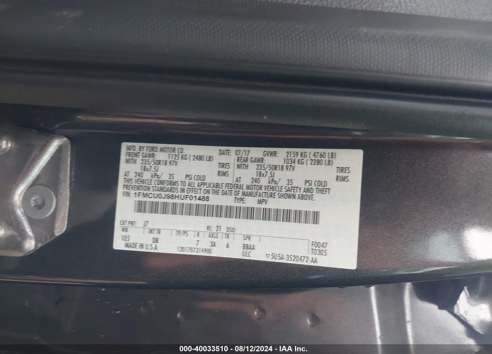 2017 FORD ESCAPE TITANIUM VIN: 1FMCU0J98HUF01488