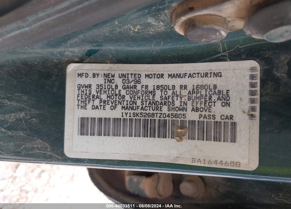 1996 GEO PRIZM LSI VIN: 1Y1SK5268TZ045605