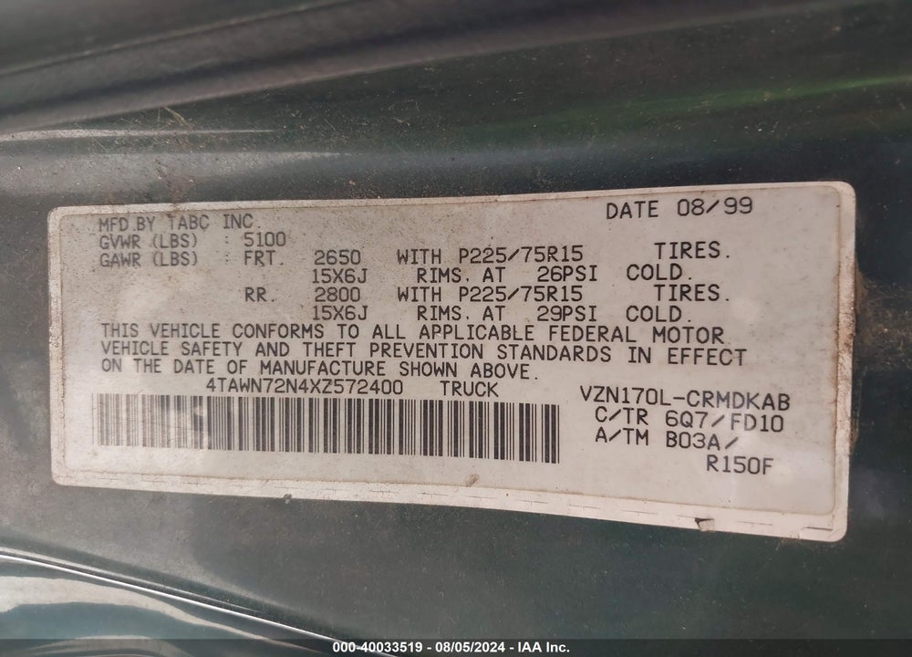 1999 TOYOTA TACOMA VIN: 4TAWN72N4XZ572400