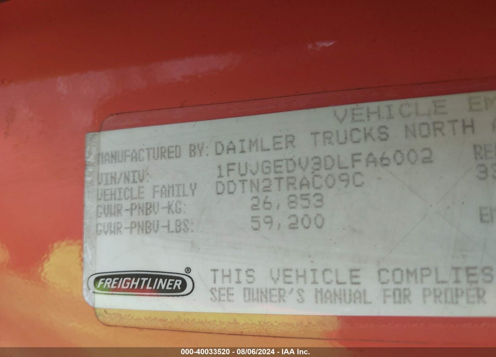 2013 FREIGHTLINER CASCADIA 125 VIN: 1FUJGEDV3DLFA6002