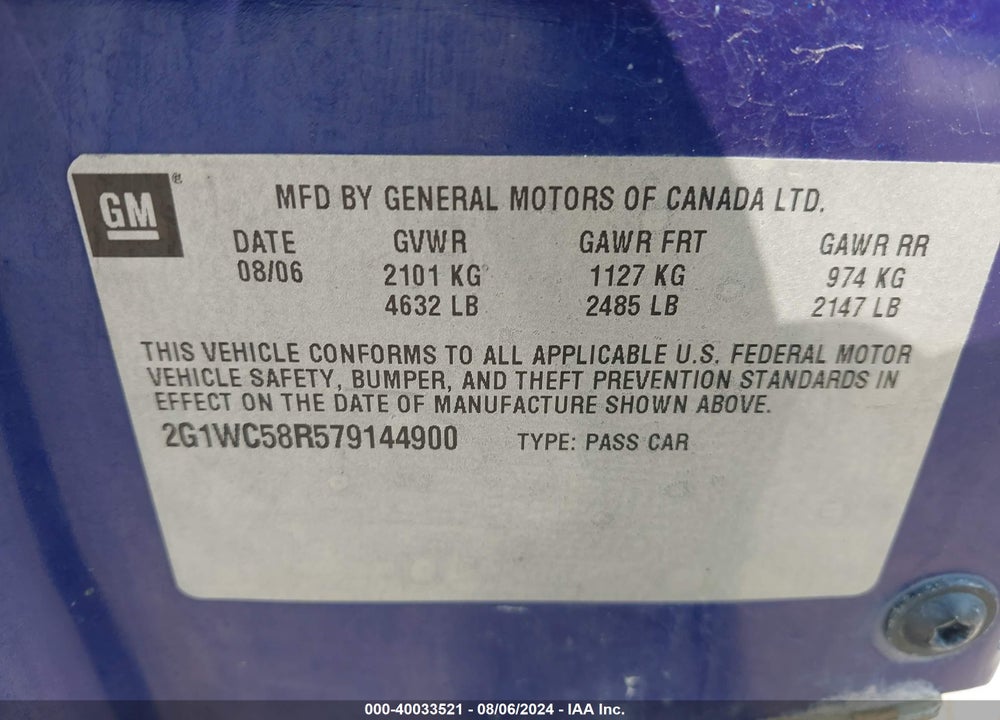 2007 CHEVROLET IMPALA VIN: 2G1WC58R579144900