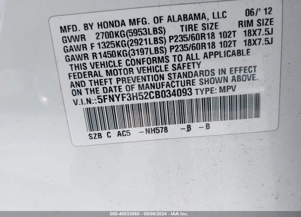 2012 HONDA PILOT EX-L VIN: 5FNYF3H52CB034093