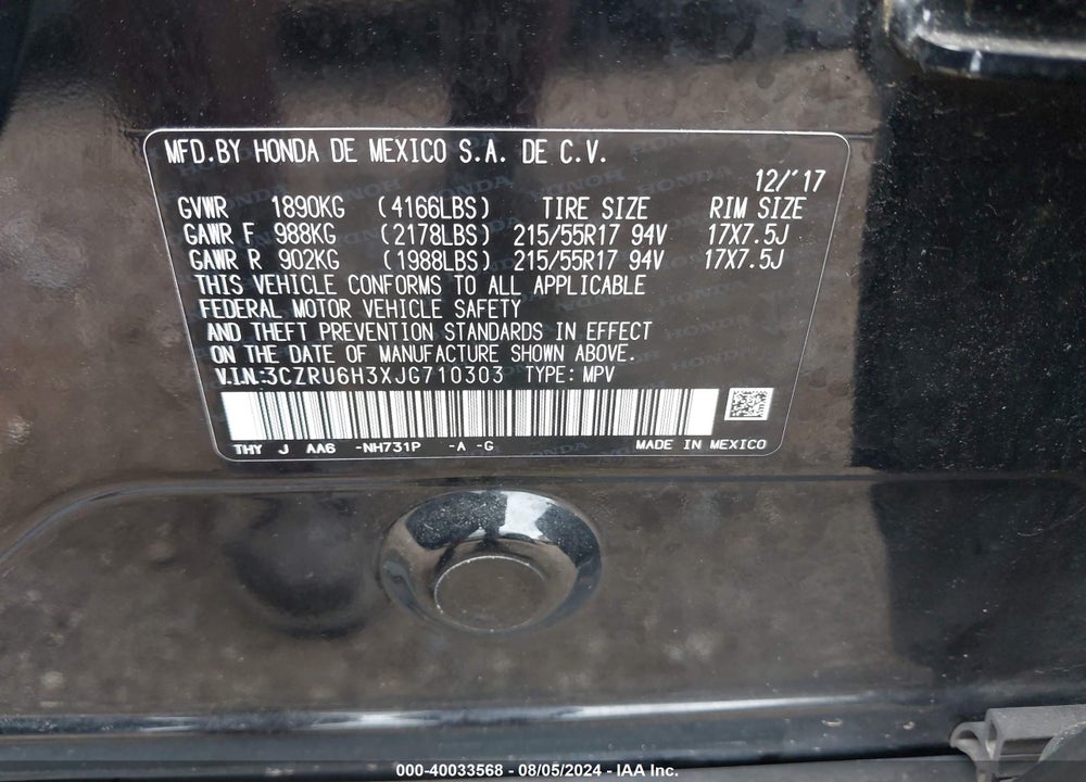 2018 HONDA HR-V LX VIN: 3CZRU6H3XJG710303