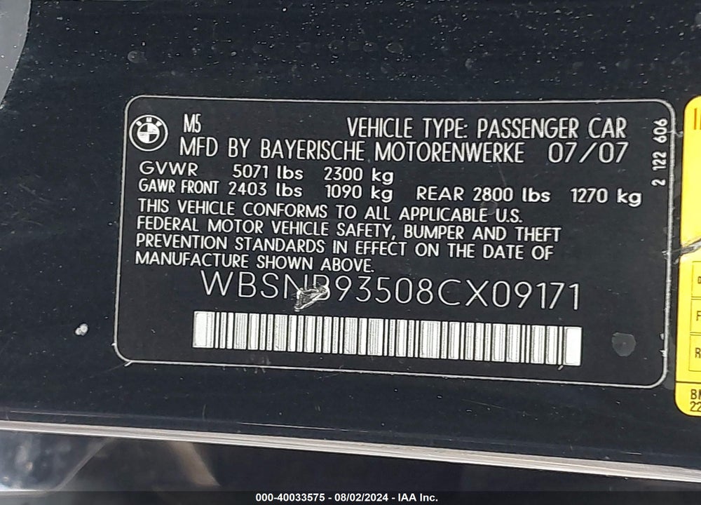 2008 BMW M5 VIN: WBSNB93508CX09171
