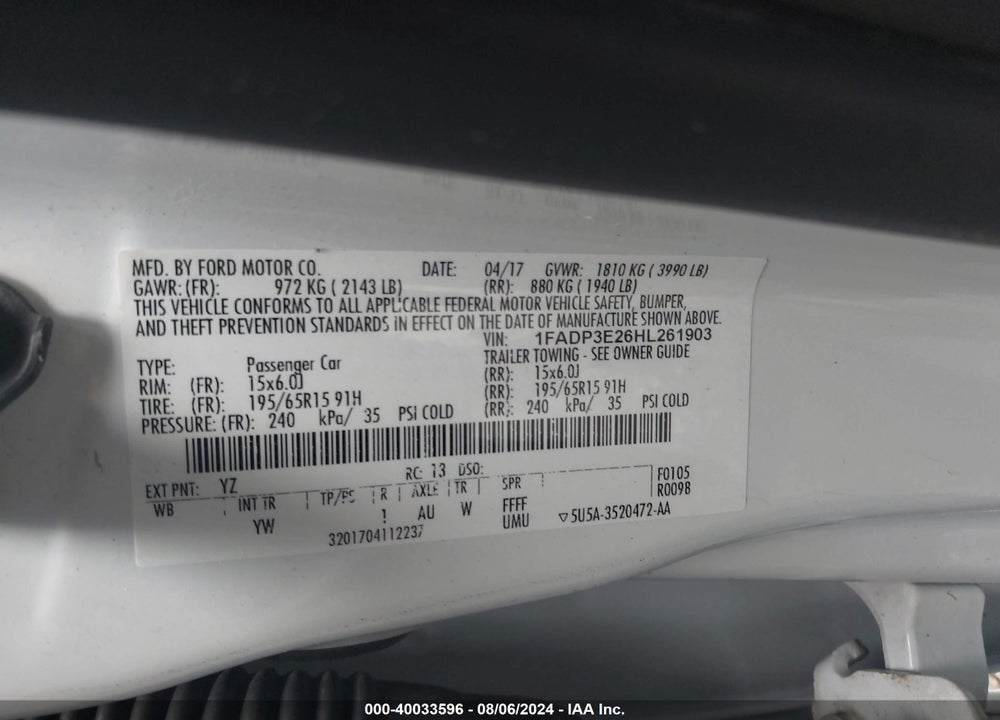 2017 FORD FOCUS S VIN: 1FADP3E26HL261903
