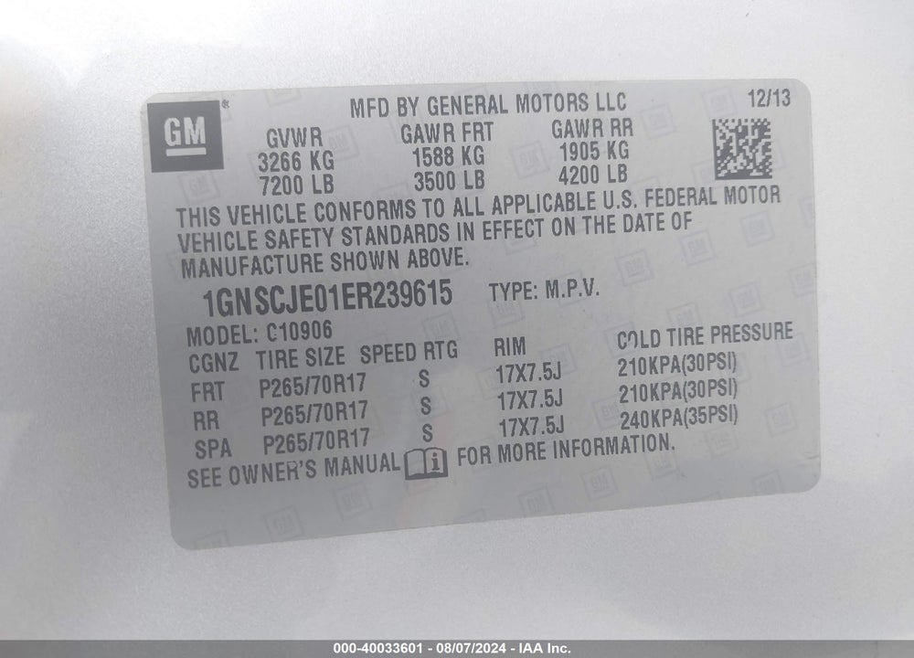 2014 CHEVROLET SUBURBAN 1500 VIN: 1GNSCJE01ER239615