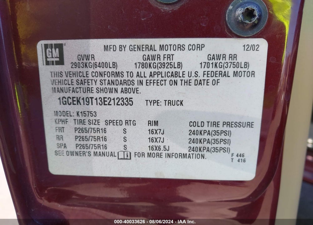 2003 CHEVROLET SILVERADO 1500 LS VIN: 1GCEK19T13E212335