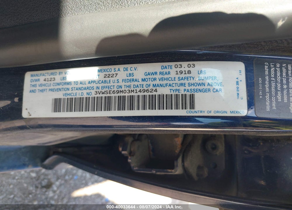 2003 VOLKSWAGEN JETTA VIN: 3VWSE69M03M149624