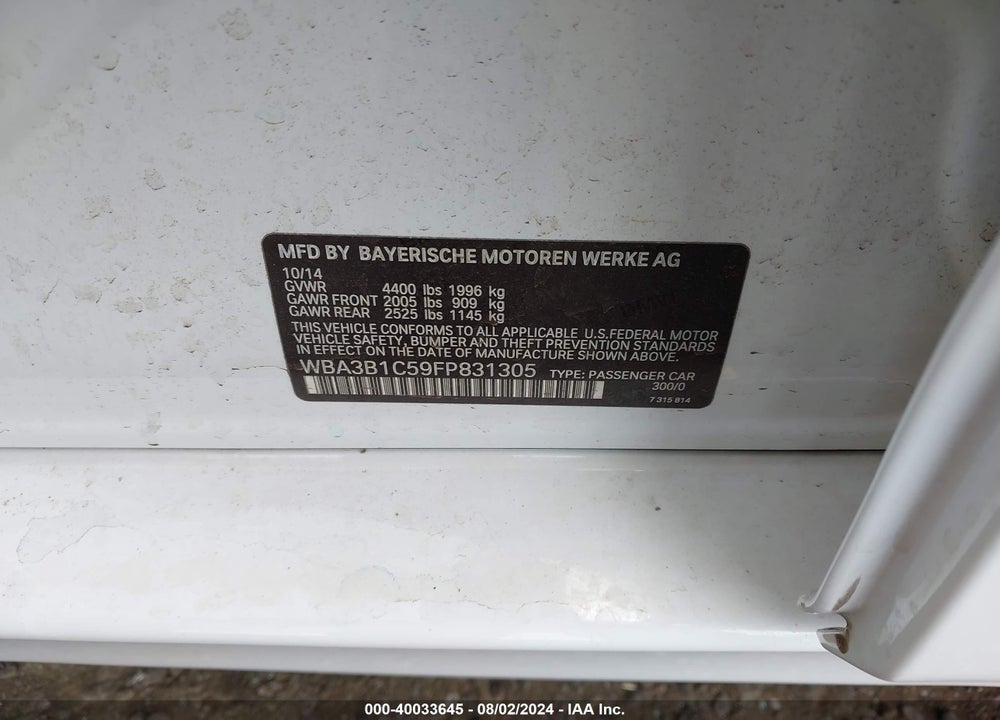 2015 BMW 320I VIN: WBA3B1C59FP831305