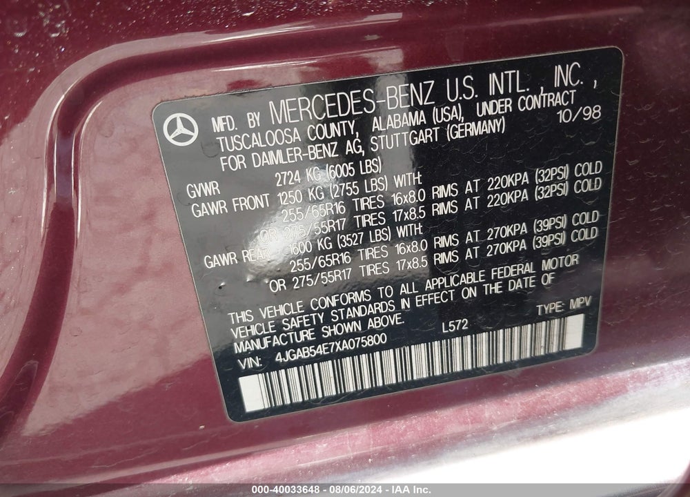 1999 MERCEDES-BENZ ML 320 VIN: 4JGAB54E7XA075800