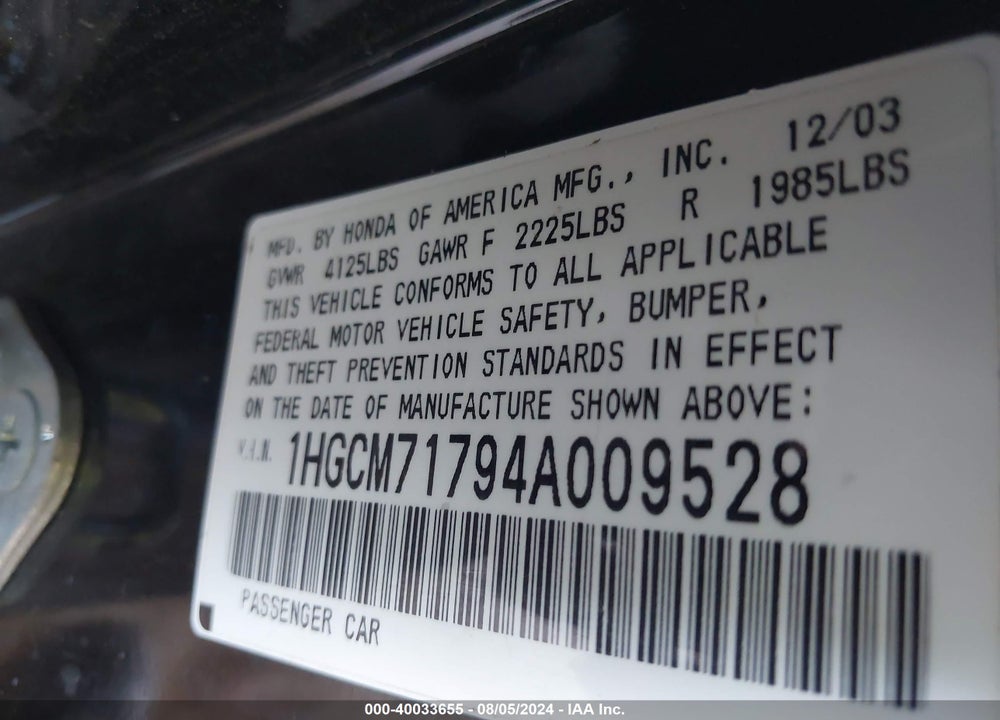 2004 HONDA ACCORD 2.4 EX VIN: 1HGCM71794A009528
