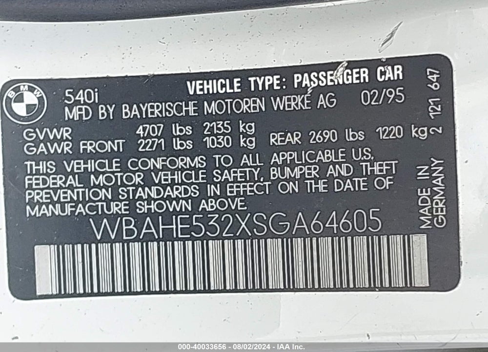 1995 BMW 540 I VIN: WBAHE532XSGA64605