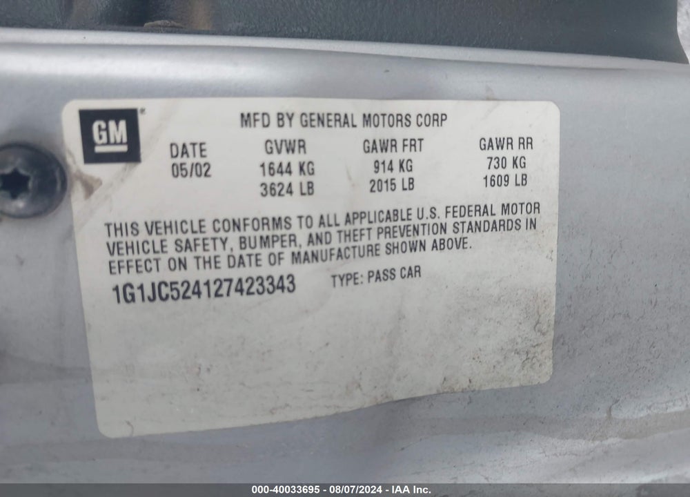 2002 CHEVROLET CAVALIER VIN: 1G1JC524127423343