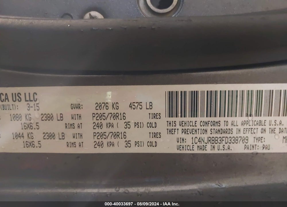 2015 JEEP PATRIOT SPORT VIN: 1C4NJRBB3FD338709