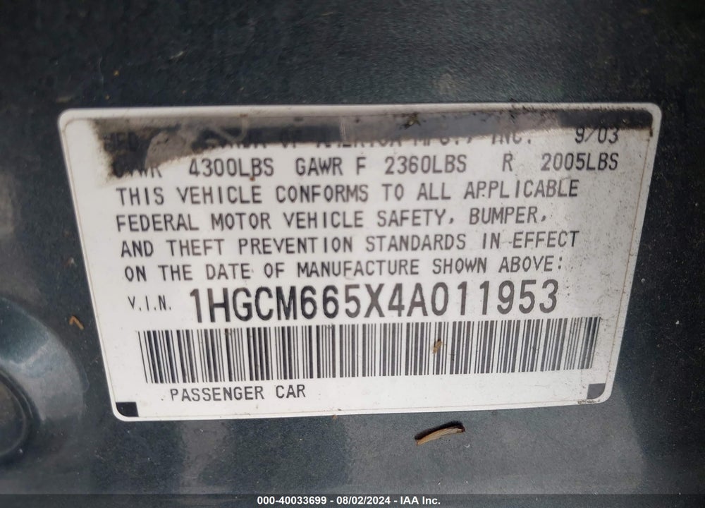 2004 HONDA ACCORD 3.0 EX VIN: 1HGCM665X4A011953