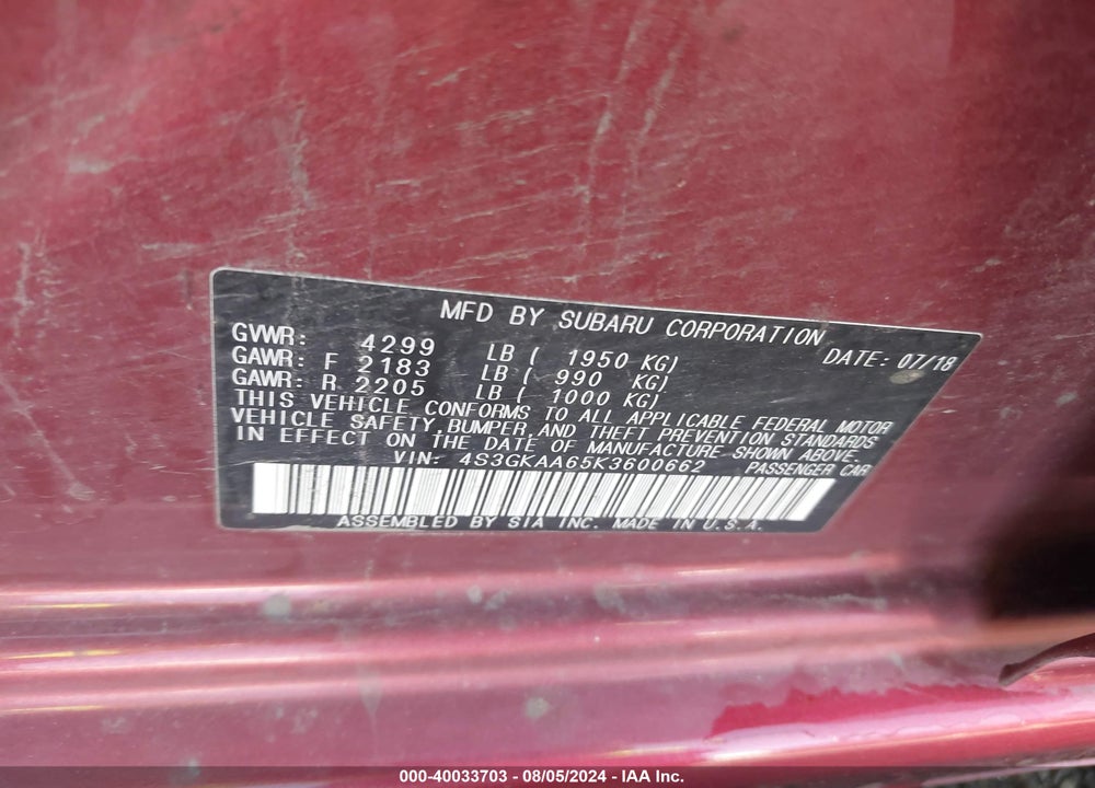 2019 SUBARU IMPREZA 2.0I VIN: 4S3GKAA65K3600662