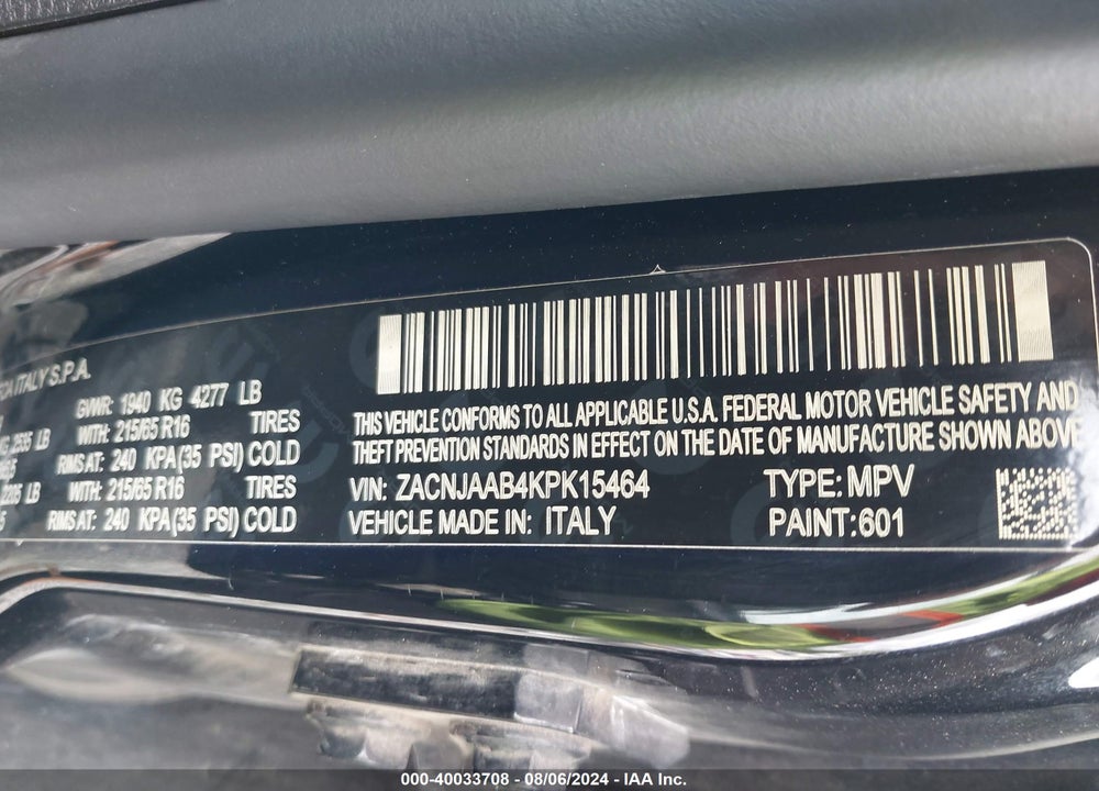 2019 JEEP RENEGADE SPORT FWD VIN: ZACNJAAB4KPK15464