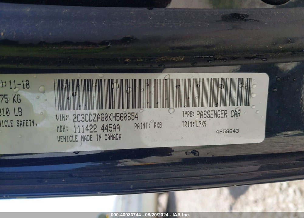 2019 DODGE CHALLENGER SXT VIN: 2C3CDZAG0KH560654