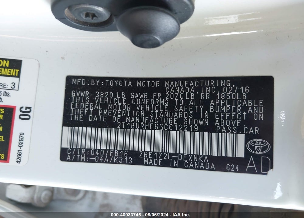 2016 TOYOTA COROLLA LE VIN: 2T1BURHE6GC612219